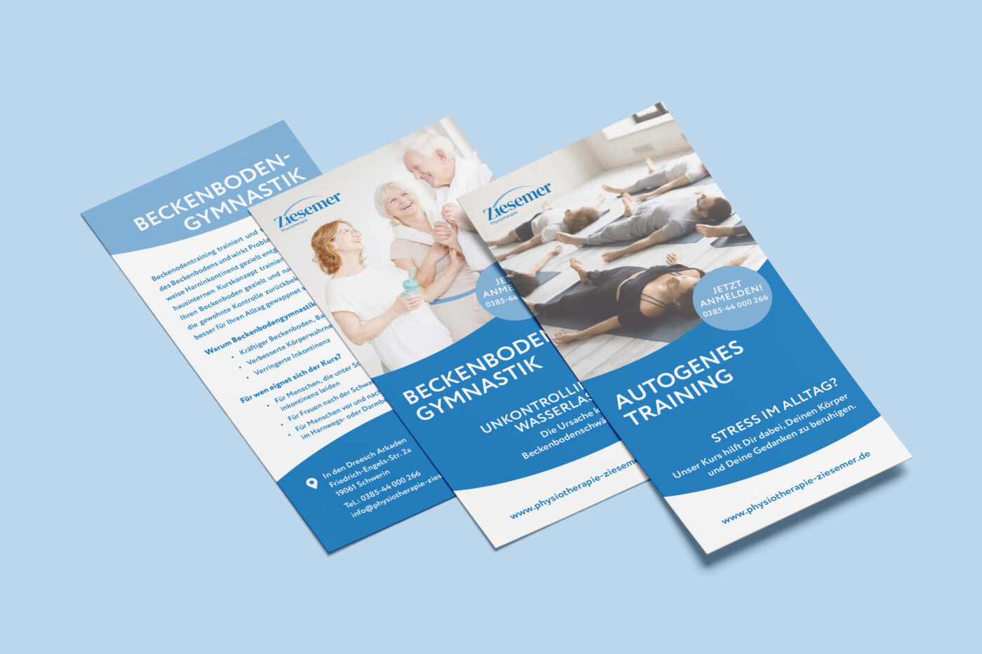 Ziesemer Printprodukte, blauer Flyer für die Physiotherapie