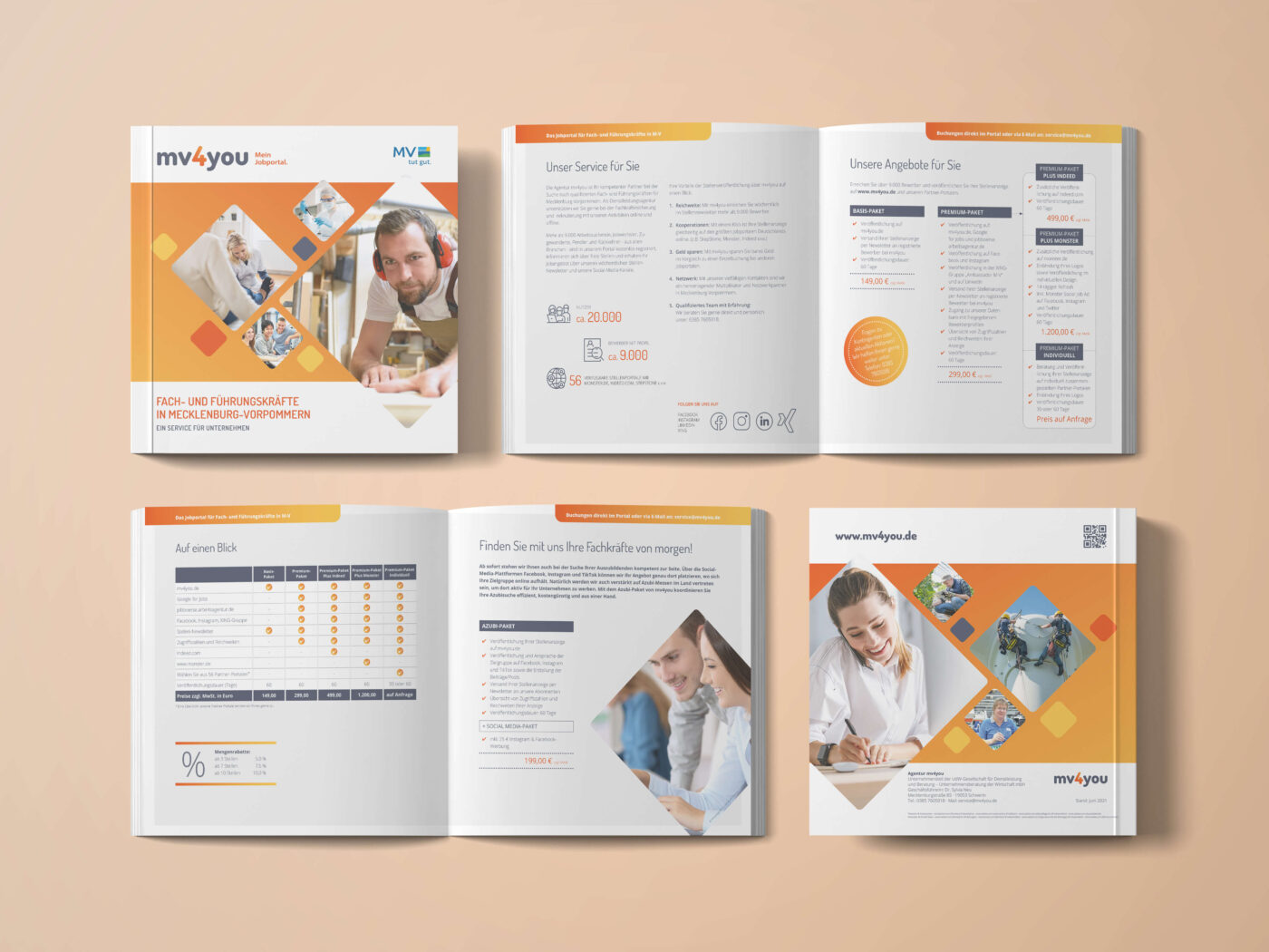 Broschüre und Deckblatt der mv4you mit Informationen zu Leistungen und Service für Sie, gestaltet mit orangefarbenen und blauen Akzenten